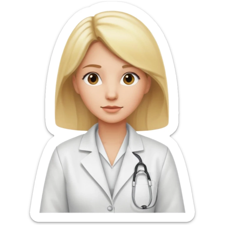 blonde caucasian woman in white dress shirt and white lab coat sticker