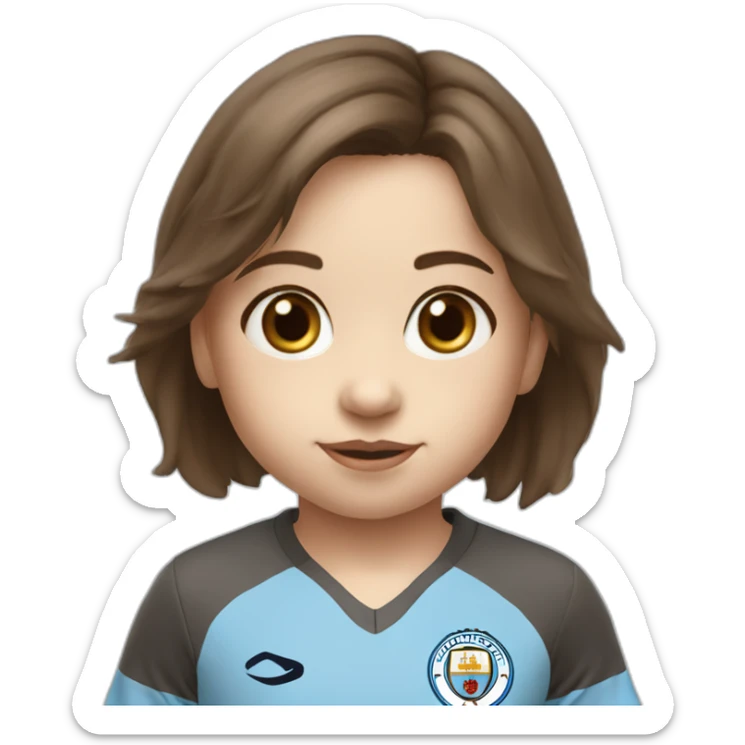 2 year old Little girl with brown hair and eyes wearing Manchester City football shirt sticker