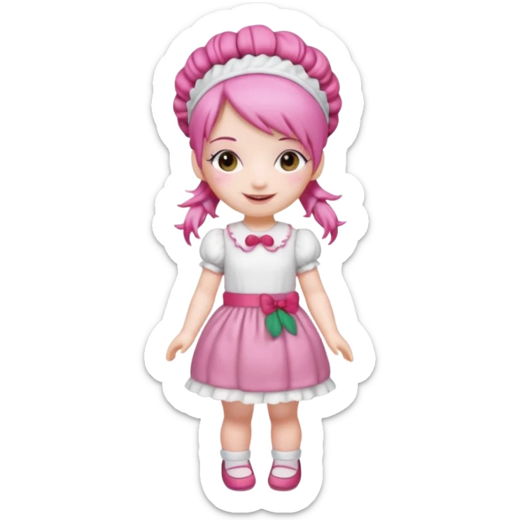 Isolated detaile illustration of the most modern raspberry torte doll figurine full body with pink hair and a hairband sticker