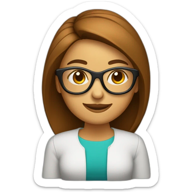 mujer con piel de color blanco con gafas sonriente cabello hasta el hombro y de color marron con un computador sticker