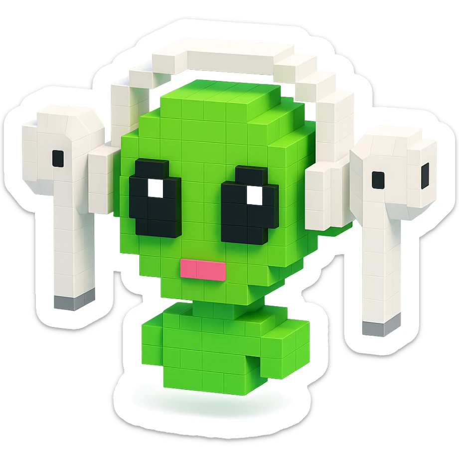 white EarPods headphones floating in space, with a cartoonish alien wearing them sticker