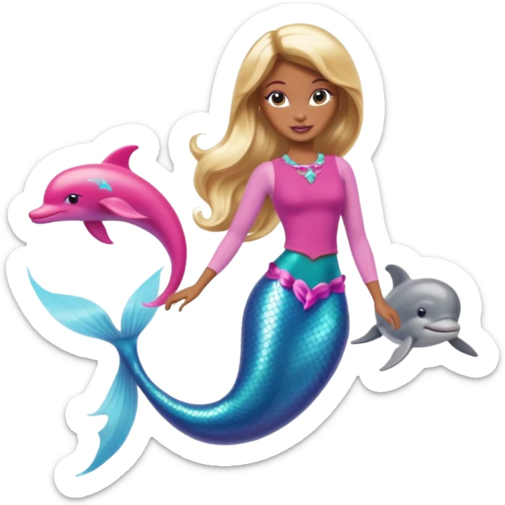 Brown skin blonde hair barbie mermaid with pink tail and dolphin  sticker