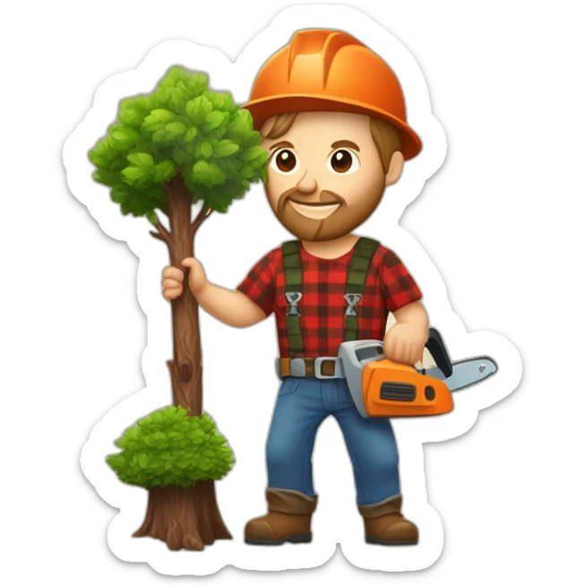 Lumber jack with a baby tree in one hand and chain saw in the other hand sticker