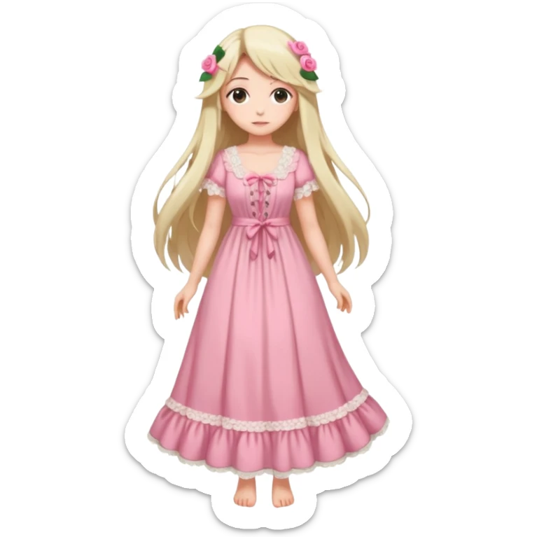 pastel anime woman with pink and white lace cottage dress full body and long hair with roses sticker