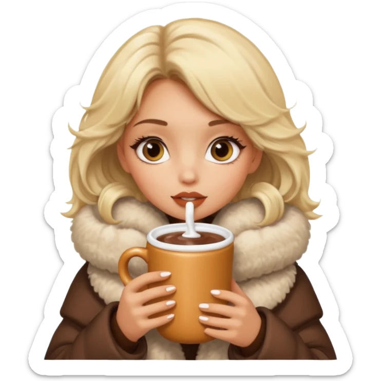 Tanned Girl with lashes , blonde hair, in an extremely big fluffy oversized coat and hold hot chocolate drink and big eyes like dog, big lip sticker