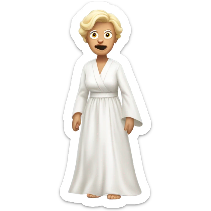 angry blonde granny in a white robe chasing a ginger boy in a wedding dress  sticker