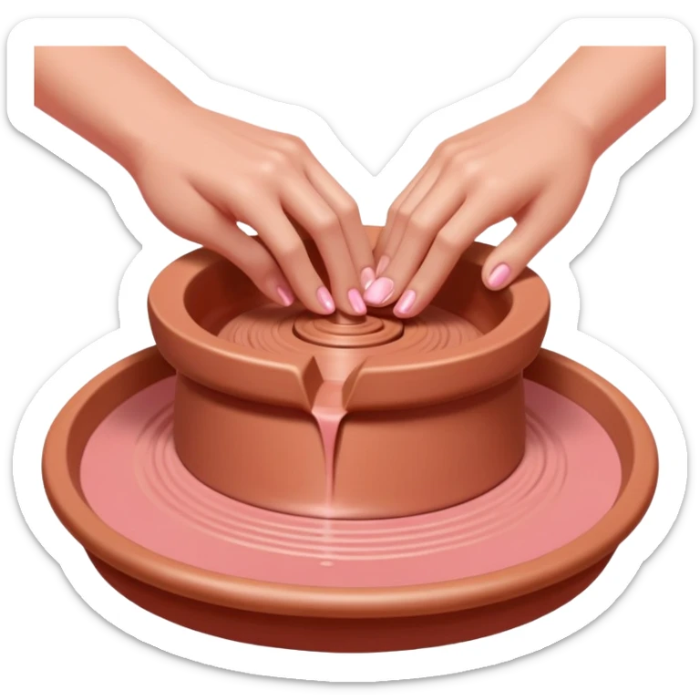 thumbs pressing downward into the center of pink clay to open it on a spinning pottery wheel sticker