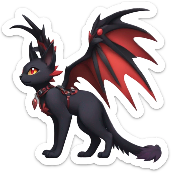 Kawaii cool anthro edgy black red ethereal fantasy nargacuga-noivern-cat-Fakemon collar harness full body sticker