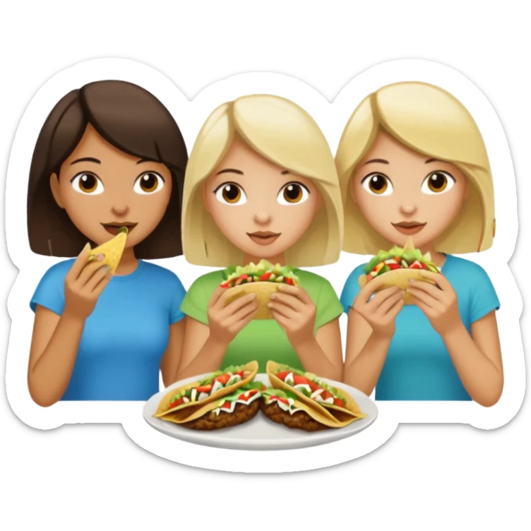 Make 3 girls eating tacos. Caucasian with dark brown short hair, Tan skin with shoulder length dark hair, Light skin with long blonde hair sticker