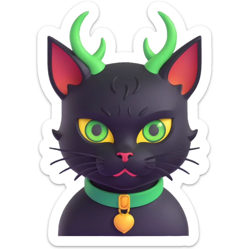 Add a yellow collar to the black cat with green eyes and demon horns, keeping the 3D style with no background as in the original image. sticker
