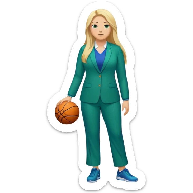 Full Body white plus size female basketball head coach with long blonde hair in a blue and green suit sticker