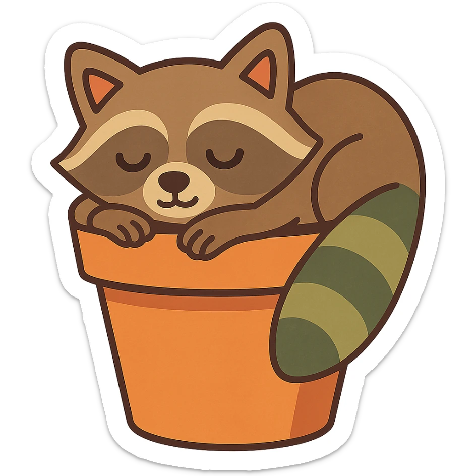 sleepy raccoon inside a flower pot, pastel earthy colors, vibrant-toon style sticker
