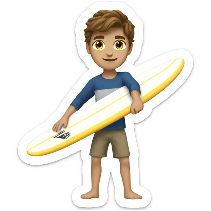 do a teenage boy surfing with brown hair light eyes and a cute outfit, full body legs arms sticker