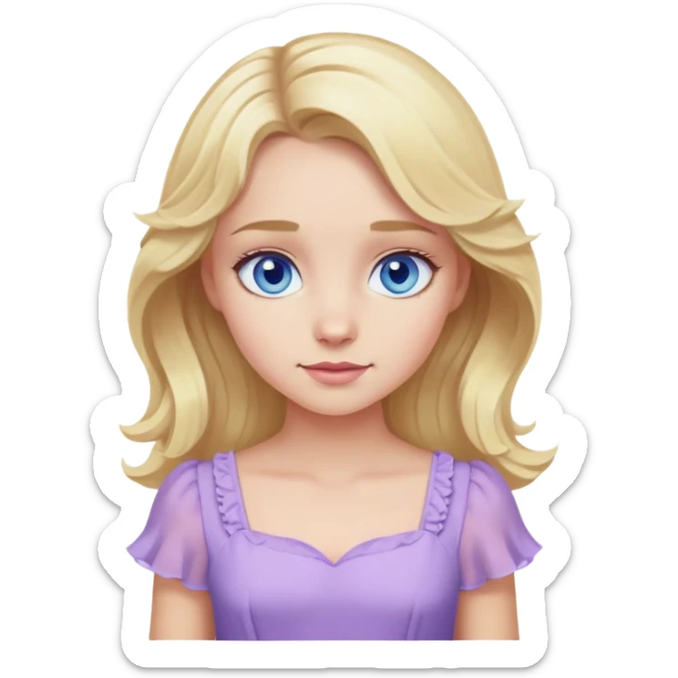 blonde girl with blue eyes and slight wavy hair wearing a lilac dress sticker