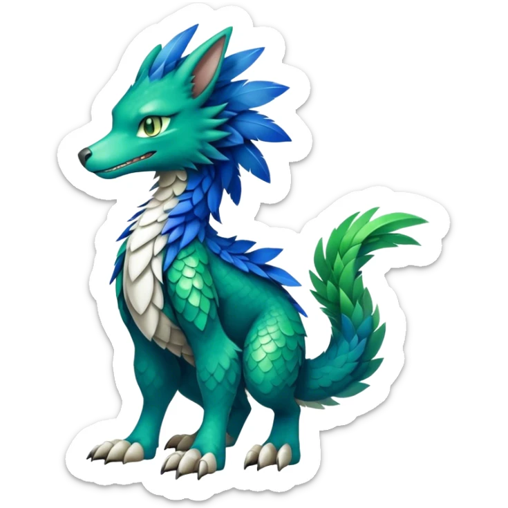 Cute cool fantasy animal hybrid Sergal-Digimon-Fakemon full body, green scales, brown eyes, blue feathers sticker