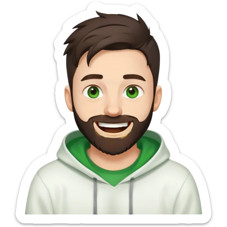 laughing guy with white hoodie, green t-shirt underneath, green eyes, dark brown undercut hairstyle and a short full beard sticker