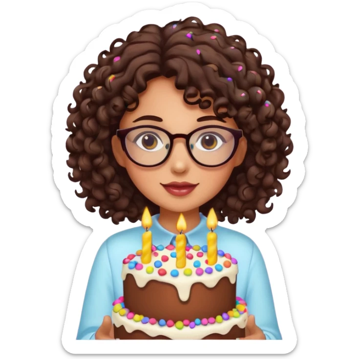 Tanned girl with dark brown curly hair wearing glasses with a cute birthday cake  sticker
