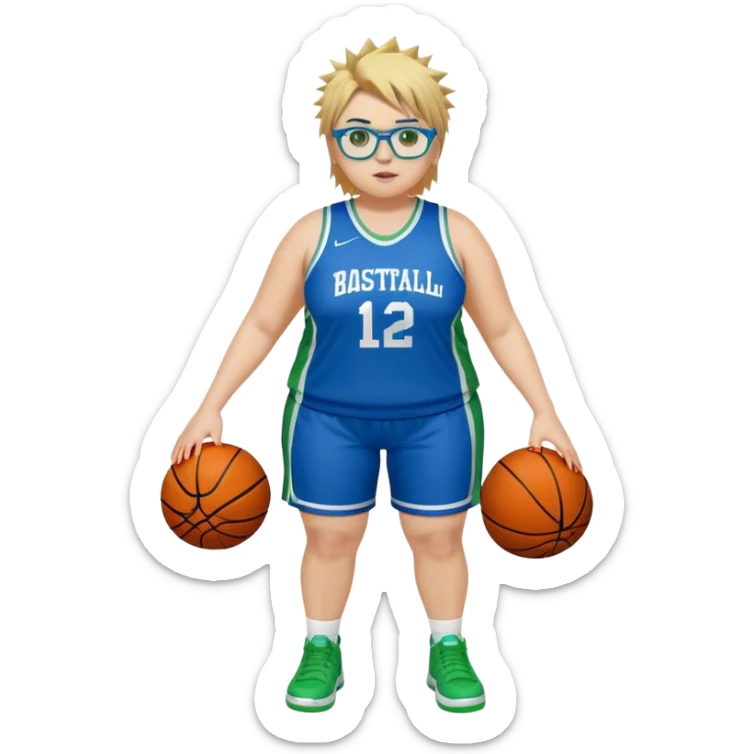 Full Body white plus size Girl with basketball spikey short brown and blonde hair  wearing blue glasses with green eyes wearing blue and green basketball uniform sticker