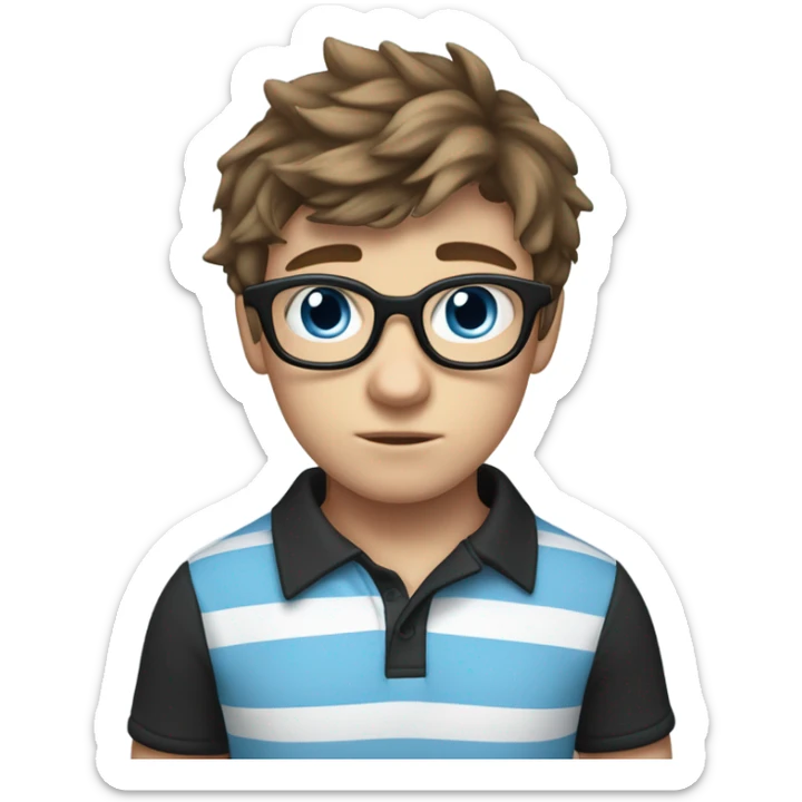 A shy teenage boy with tousled brown hair, large blue eyes, and thick black-rimmed glasses. He wears a light blue striped polo and has a white cast on his left arm. he's nervous sticker