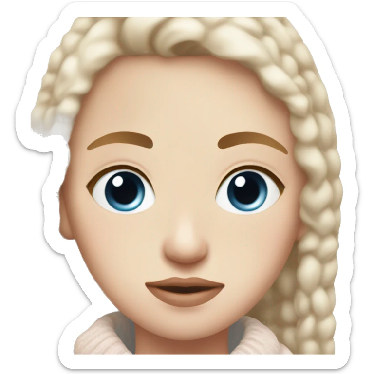 A Blue eyed girl with light pink lips and freckles who is wearing a Pullover wich is white East Porridge sticker