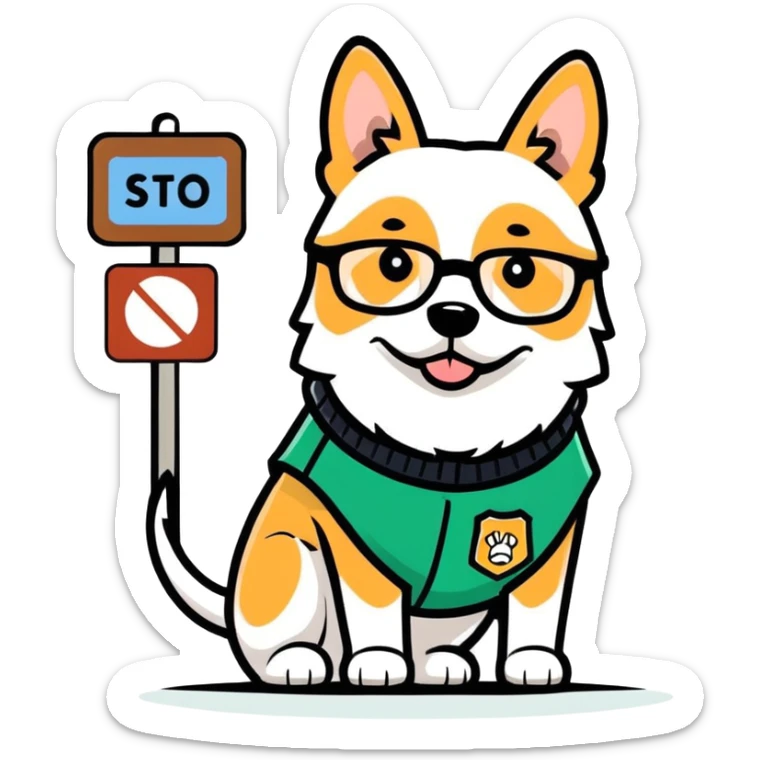 A dog wearing a sweater vest and glasses hiding a sign that says all of them sticker