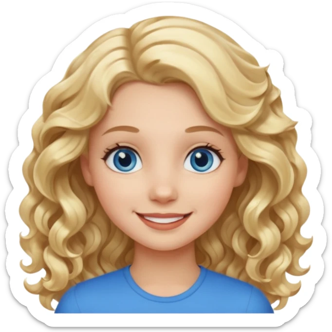 Please generate an image of a girl. She has blue eyes, blond, wavy hair, and is smiling. sticker