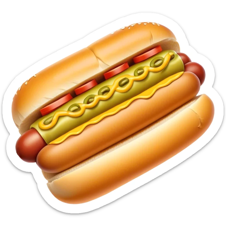 Cinematic Realistic Hot Dog Dish Emoji, featuring a classic hot dog in a bun topped with mustard and relish rendered with crisp textures and vibrant, dynamic lighting. sticker