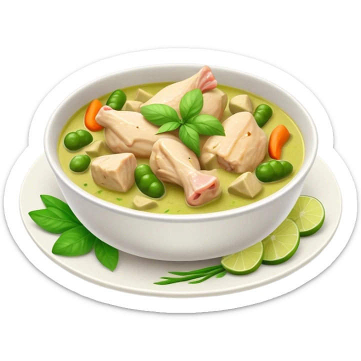 Green Chicken Curry Cinematic Realistic Green Chicken Curry Dish Emoji, depicted as tender chicken chunks simmered in a fragrant green curry sauce with vegetables, rendered with vivid textures and dynamic, vibrant lighting. sticker