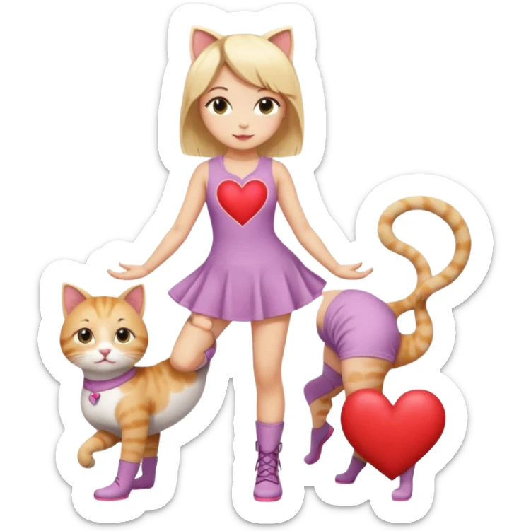 girl in a short dress with gogo boots, blond hair, cut-out heart in the dress, yoga cat pose sticker