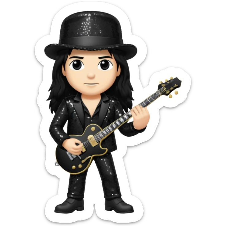 Slash from Gun n Roses with long jet black hair, black sequin outfit sticker