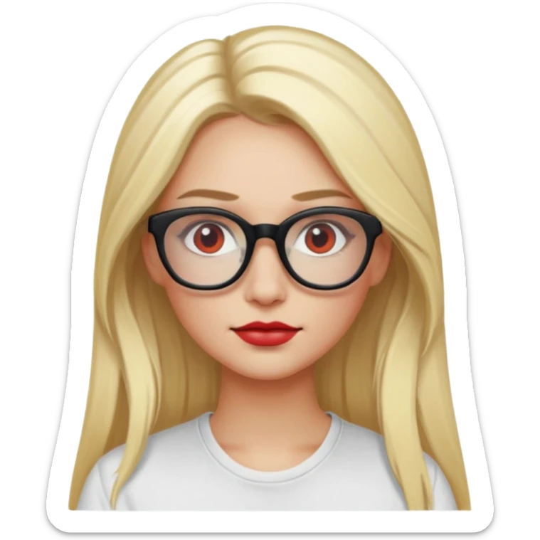 A blonde woman, long hair and long eye lashes,small nose, red blushe and highlighter, black glasses, white tshirt sticker