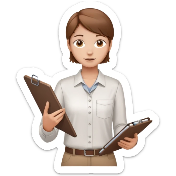 Intern or volunteer with brown hair holding a clipboard and pencil, ready to take notes or assist. The character wears a simple shirt and has an eager posture sticker