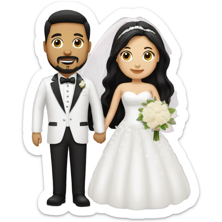 wedding couple. groom is white with black hair and goatee. ee and black hair. bride has blonde hair sticker