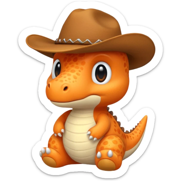A emoji of a small dino plushie that's orange with a cowboy hat sticker