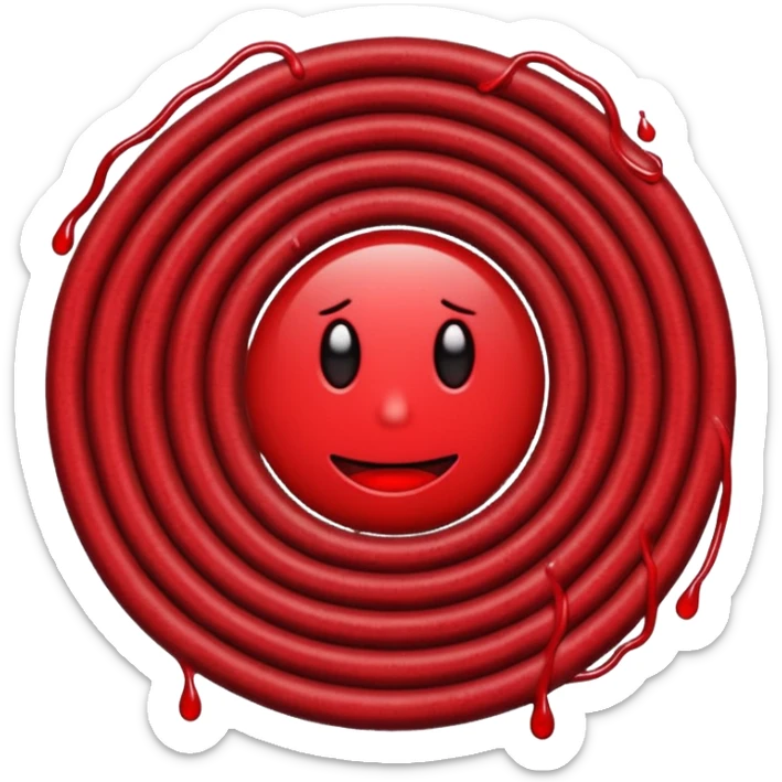 Minimalist emoji-style sticker of a coiled red carpet with drops of blood on the floor around it. Flat design, black and desaturated red tones, no perspective, bold lines. sticker