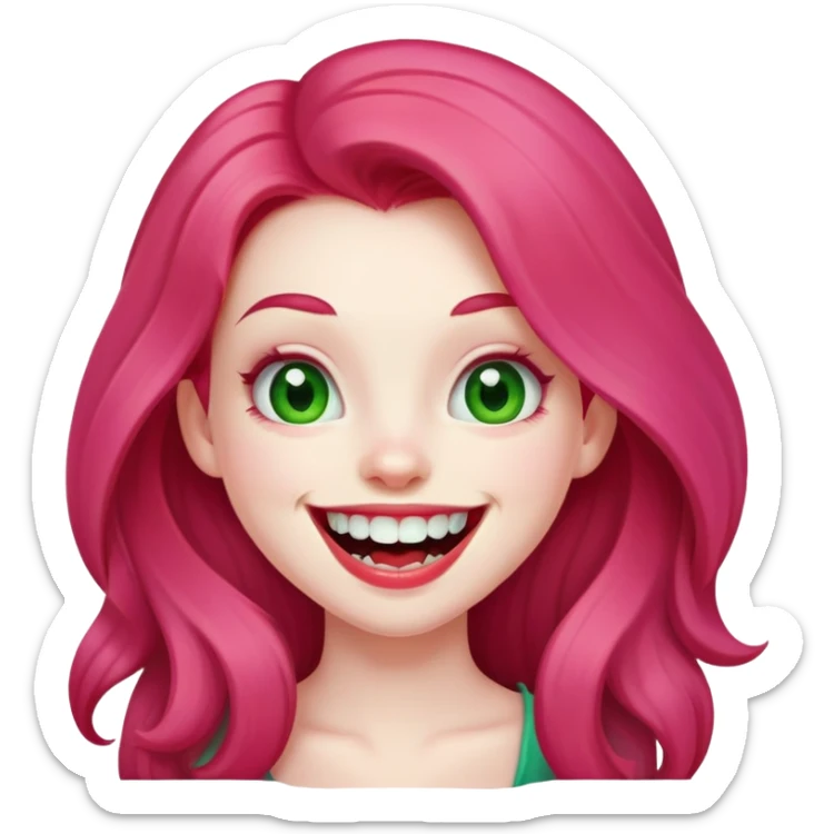 Young girl with pale skin, full pink lips smiling with big teeth, red long hair, big brown eyes with a hint of green, big mouth sticker