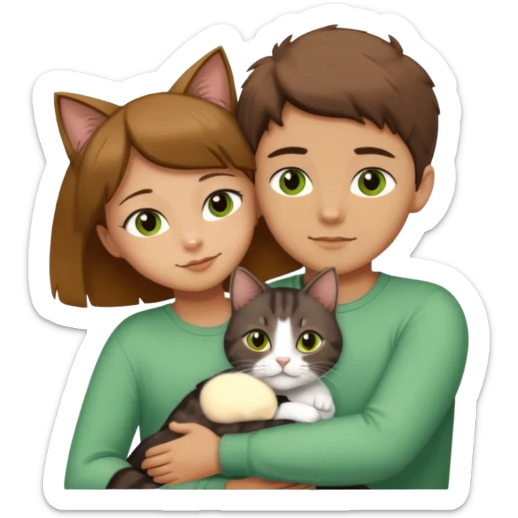 Crea un emoji donde salga un chico moreno con los ojos claros, una chica morena con los ojos marrones y un gato europeo comun de pelaje oscuro y ojos verde claro, quiero que se esten abrazando y el gato este en el medio de los dos sticker