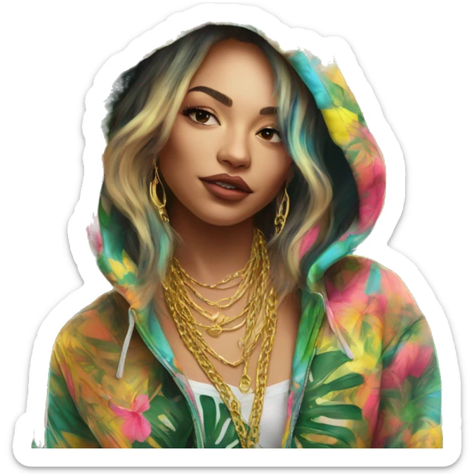 Trendy lady tropical multicoloured baroque hoodie with tattoos and gold chain sticker