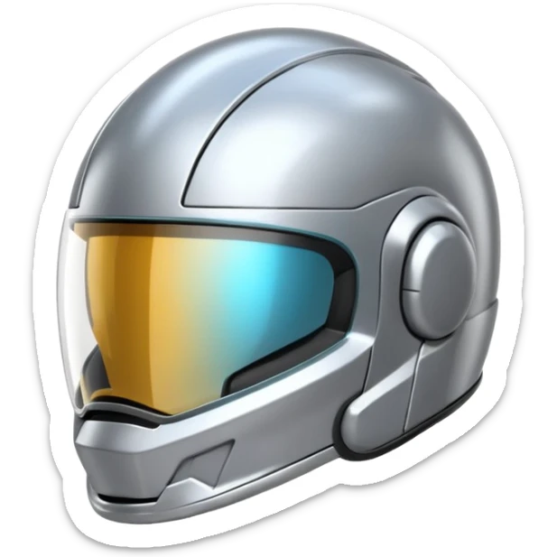 A futuristic helmet emoji made of silver chrome, smooth aerodynamic shape, minimal visor detail, reflective metallic surface, sci-fi aesthetic, iOS emoji style, centered on clean white background sticker