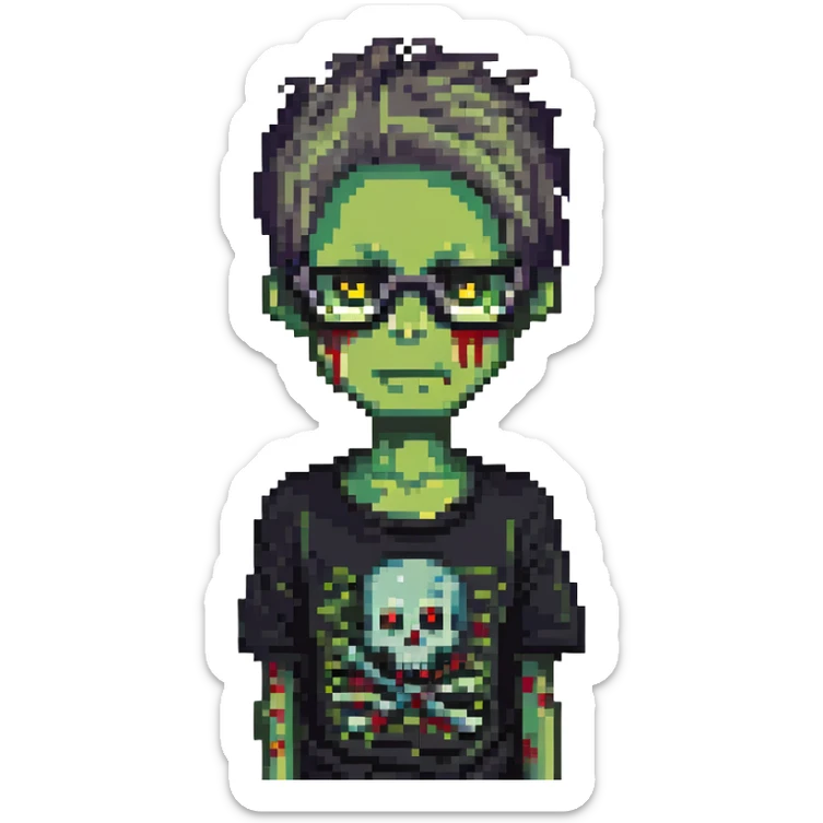 zombie boy with emo hair, screwed glasses, and black shirt, pixel art style sticker