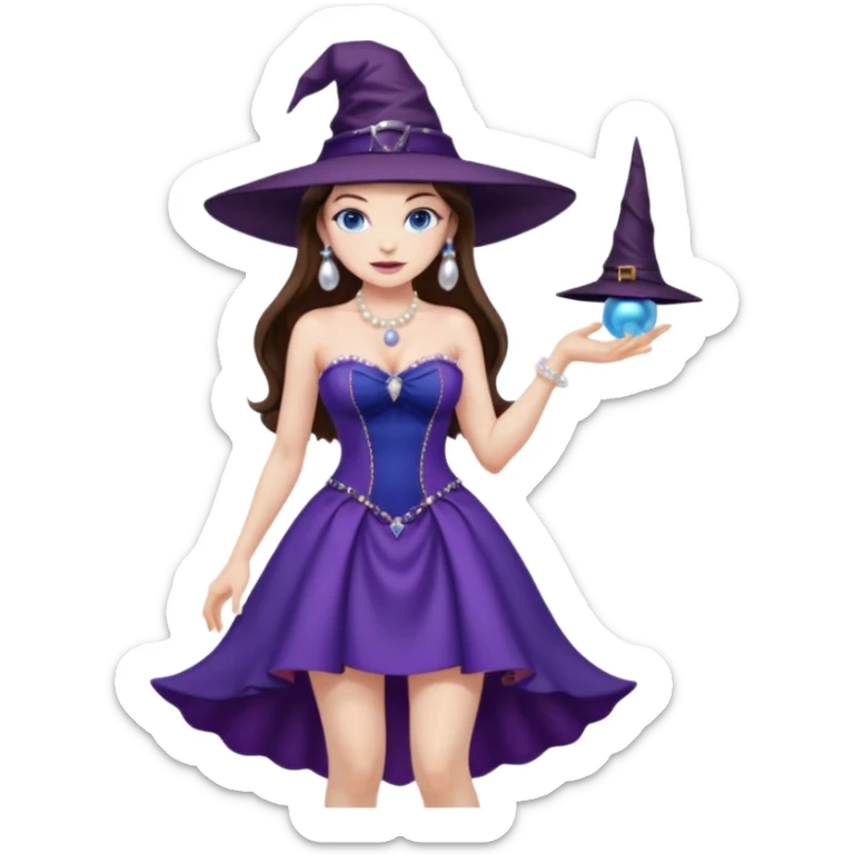 sexy woman brunette, very large breasts, pale skin, blue eyes, long brown hair, short purple strapless dress, witch hat, pearl earrings, smirking, in high heels, standing, head to toe, full body, zoomed out, entire outfit visible sticker