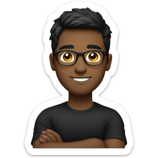 young man with a friendly, confident smile. He has short dark hair and is wearing round glasses. He's dressed in a plain black t-shirt and has his arms crossed sticker