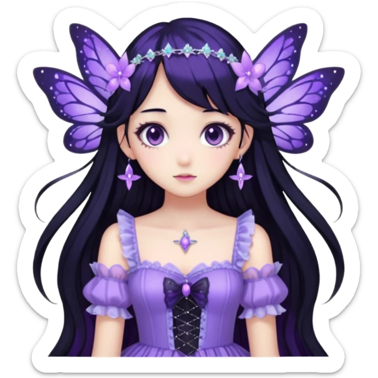 Gothic anime fairy with long beautiful hair and violet dress, pastelcore, Lolita, aesthetic, beautiful, pretty, amazing, epic, gorgeous, sparkly sticker