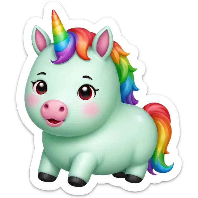 Small chubby unicorn in colours of jade green, black and red eyes, farting rainbow sticker