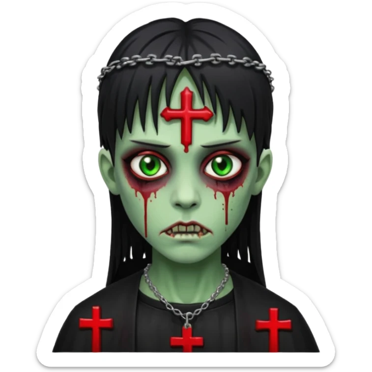 zumbi verde com olhos vermelhos sangrando e franja roupa preta e um crucifixo como colar sticker