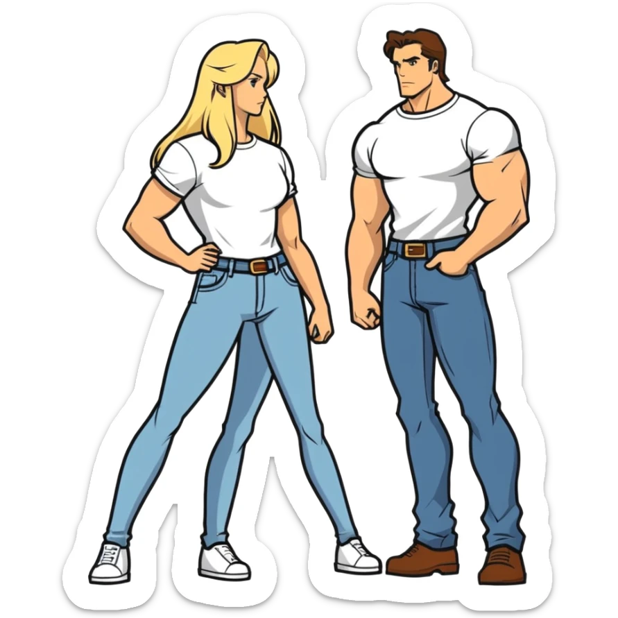 Two people together, a 35 year-old tall muscular man with brown hair and a shorter blonde woman long hair also very good shape getting married next month. I don’t want them in wedding garb jeans and a T-shirt that show off their bodies would be best. sticker