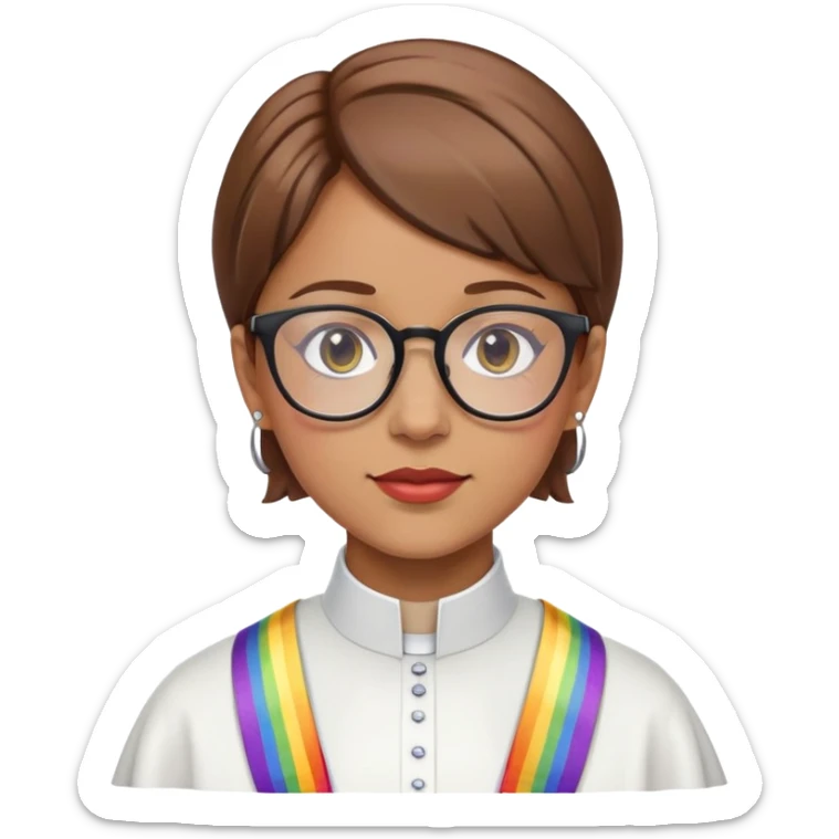 female brown hair light skin with glasses add clergy collar, and rainbow stole sticker