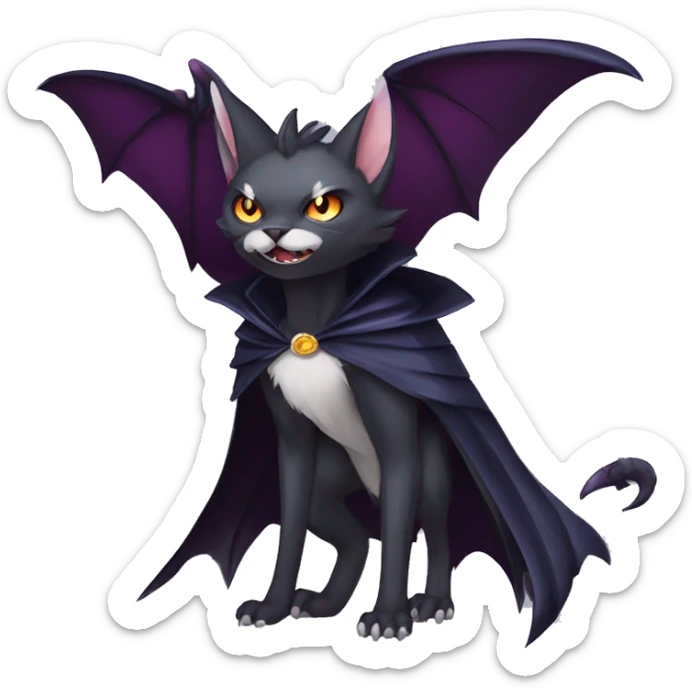   cool edgy beautiful fantasy anime-style dark animal vampiric Nargacuga-cat-hybrid Fakemon with big fangs and bat-wing-ears with a cape full body sticker