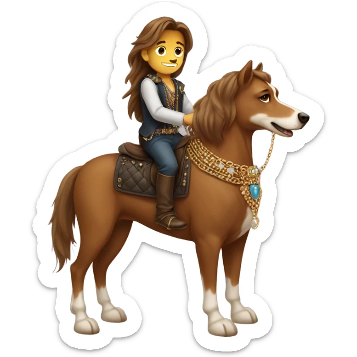 brown long hair boy with jewelry riding a dog like a horse  sticker