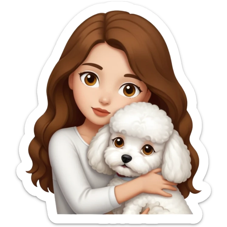 A beautiful olive skinned girl with long brown hair, hugging a white bichon frise sticker